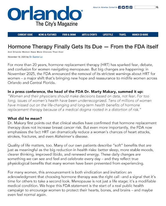 Hormone Therapy Finally Gets Its Due — From the FDA itself By Dr. Gustav Lo. Orlando, The City's Magazine