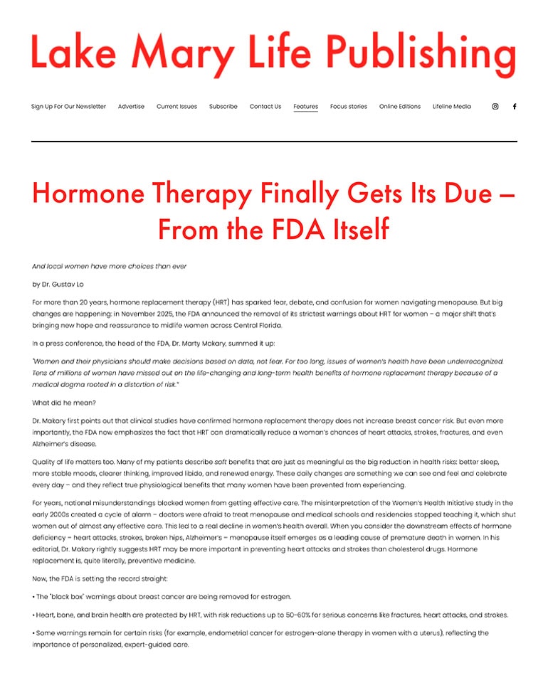 Hormone Therapy Finally Gets Its Due – From the FDA Itself | Lake Mary Life Publishing