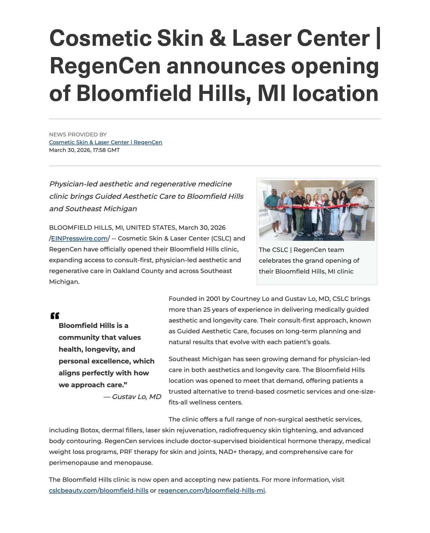 Bloomfield Hills press release