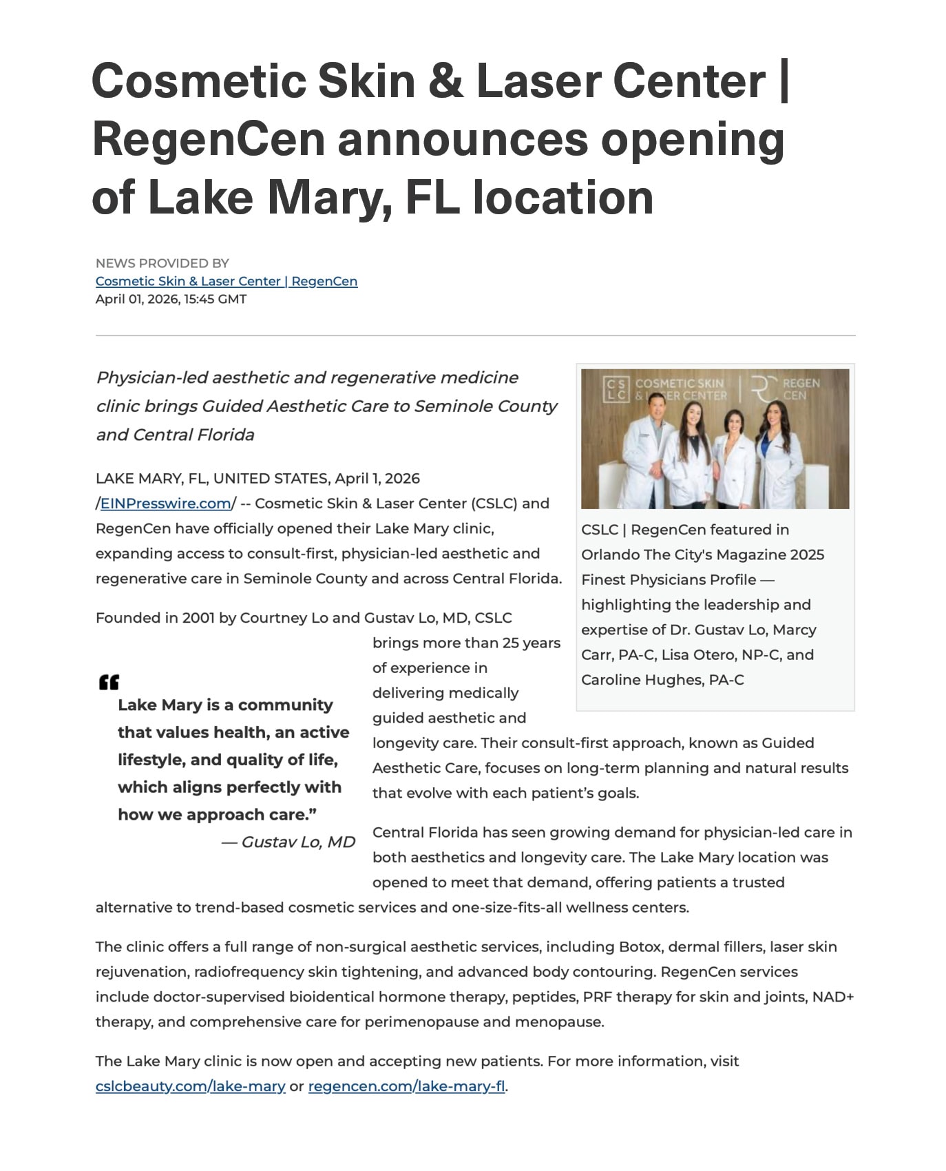 Lake Mary press release