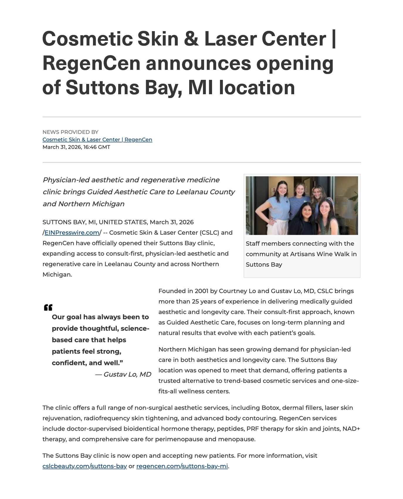 Suttons Bay press release