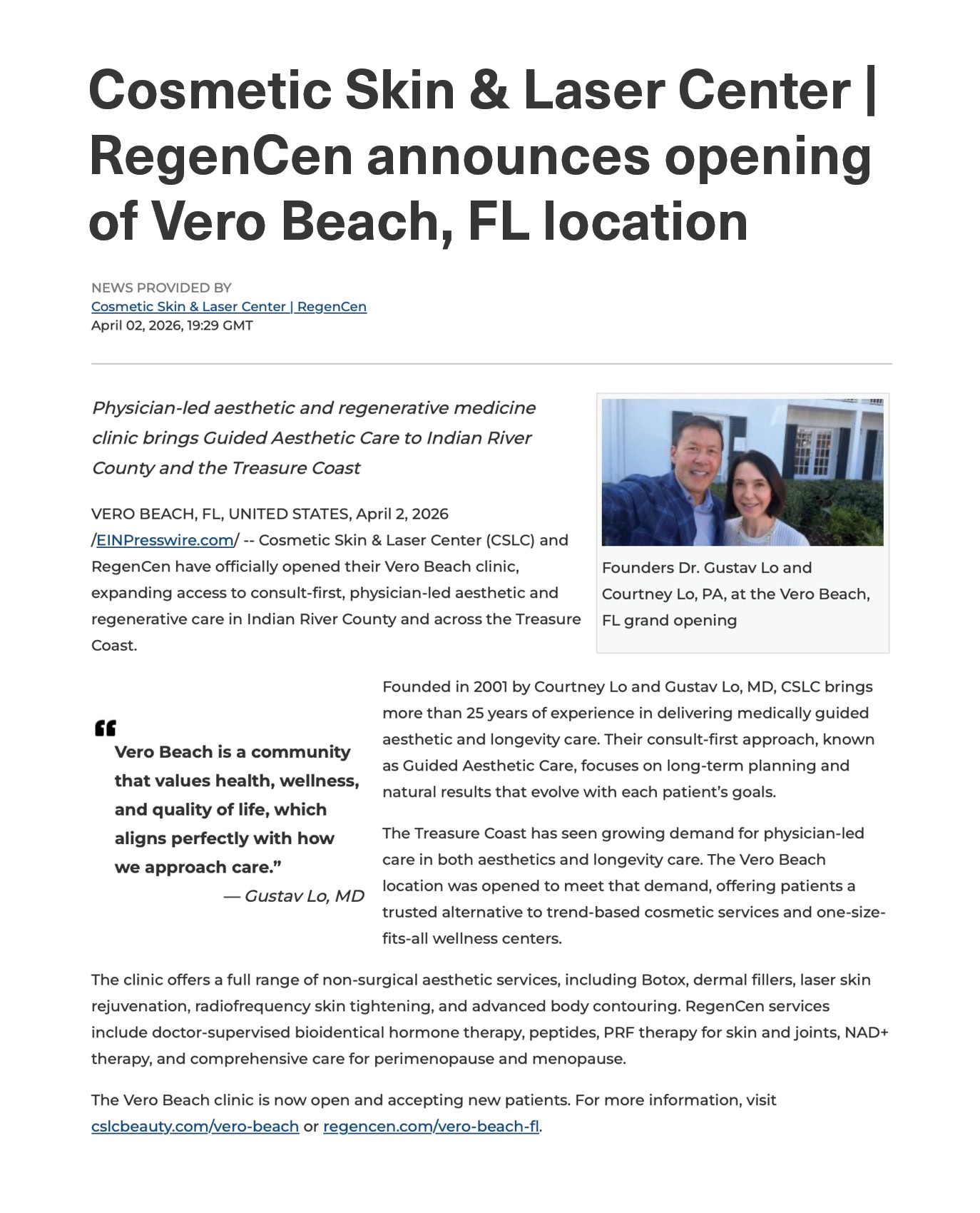 Vero Beach press release