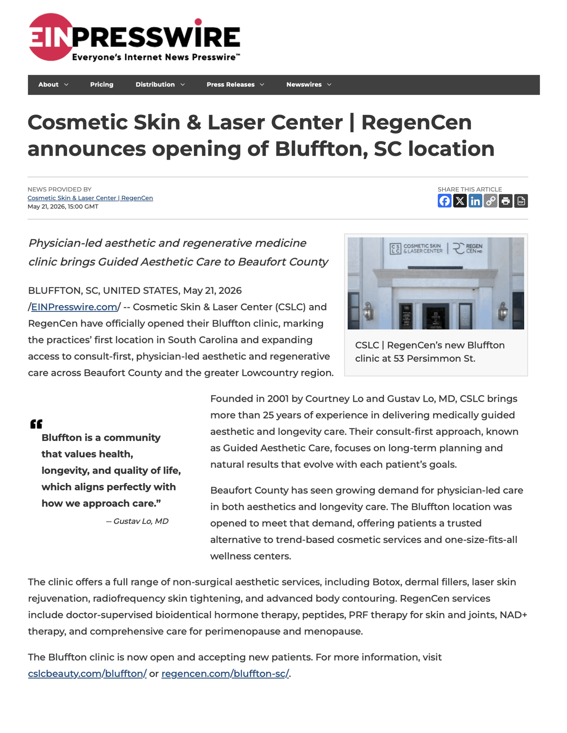 RegenCen opens it's first clinic in South Carolina. Bluffton.