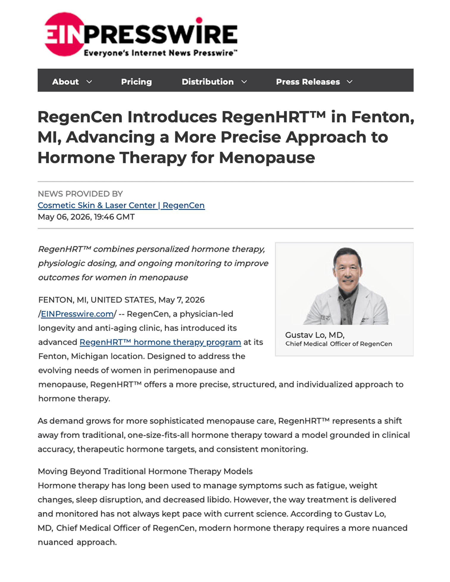 RegenCen announces RegeHRT to Fenton, MI