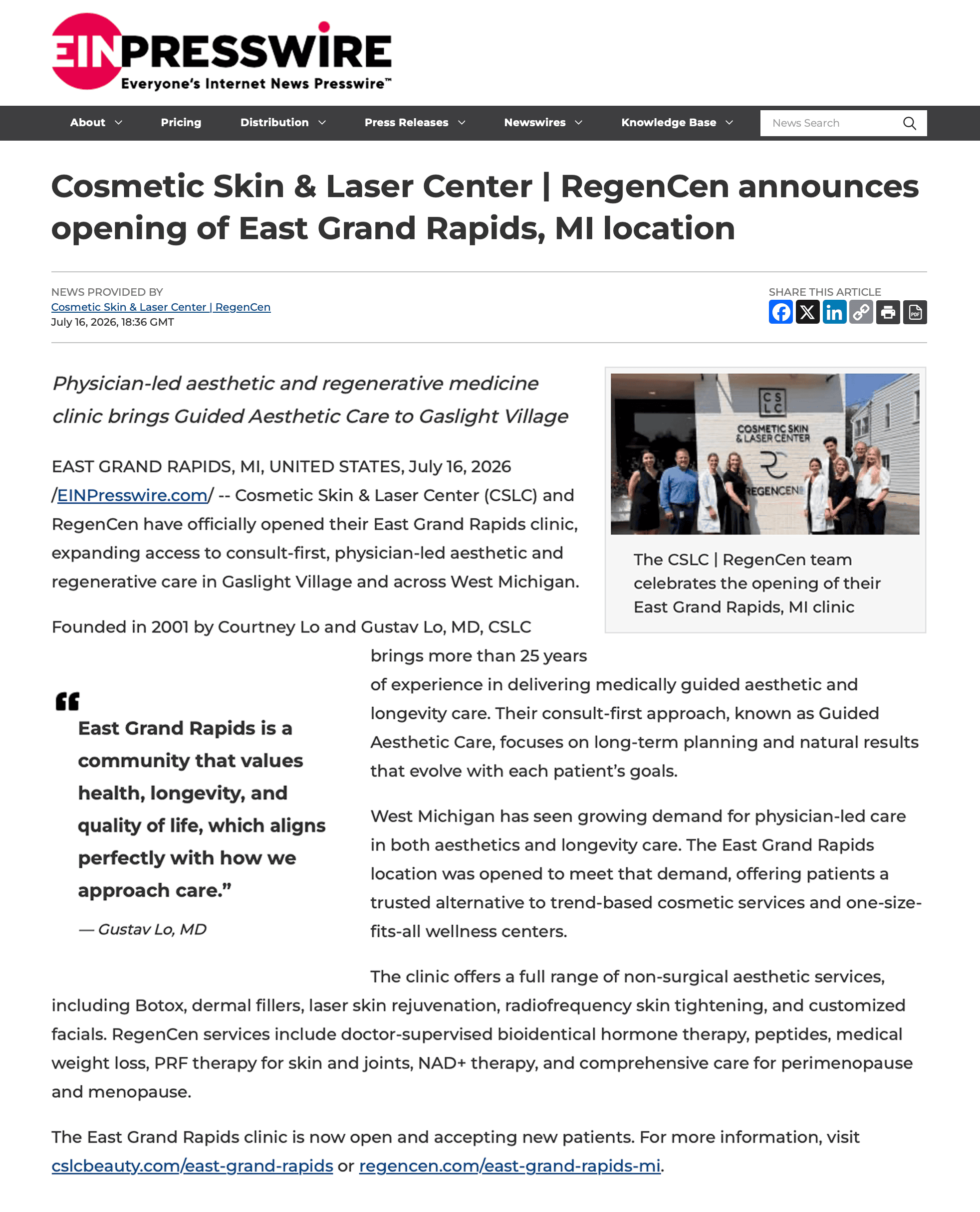 RegenCen grand opening of new East Grand Rapids, MI clinic